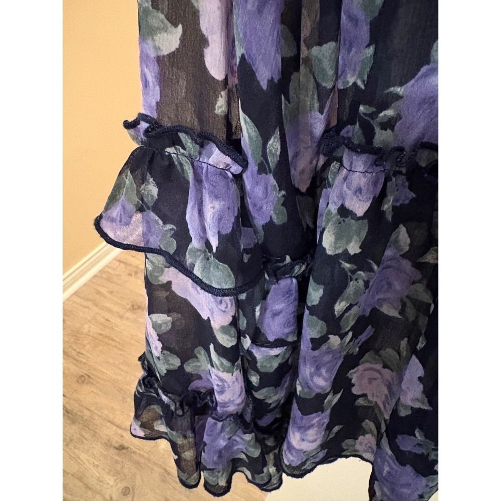 American Eagle Floral Sheer Ruffle Blouse Purple Navy Tie Front Top Medium - Picture 4 of 6